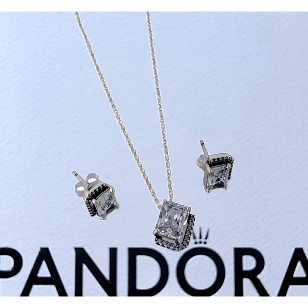 Pandora Silver Collier Halo Necklace & Earring Set with Original Box & Bags